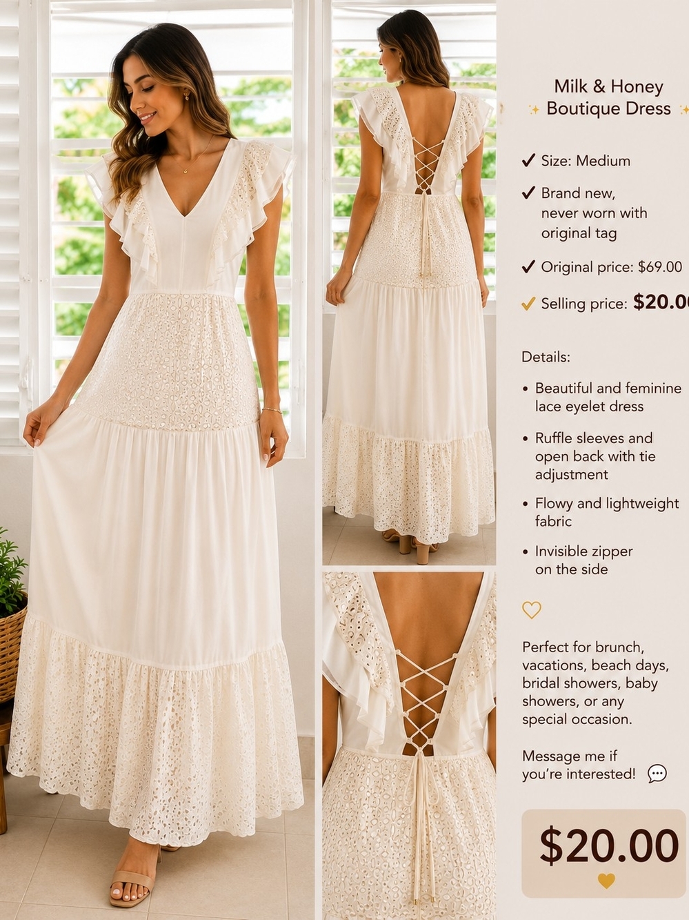 Milk & Honey Boutique Cream Eyelet Maxi Dress with Ruffle Sleeves